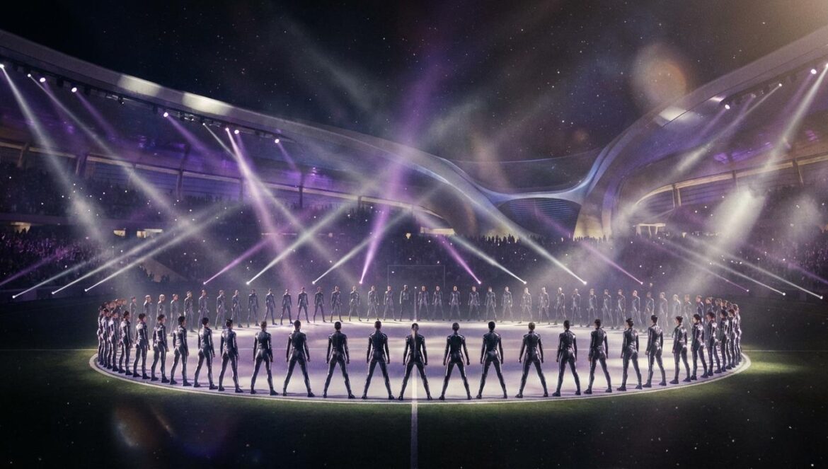 IVE arrasa con BLACKHOLE y lidera las tendencias globales Escenario futurista con una coreografía masiva de ochenta bailarines bajo luces púrpuras y plateadas que evocan un concepto cósmico.