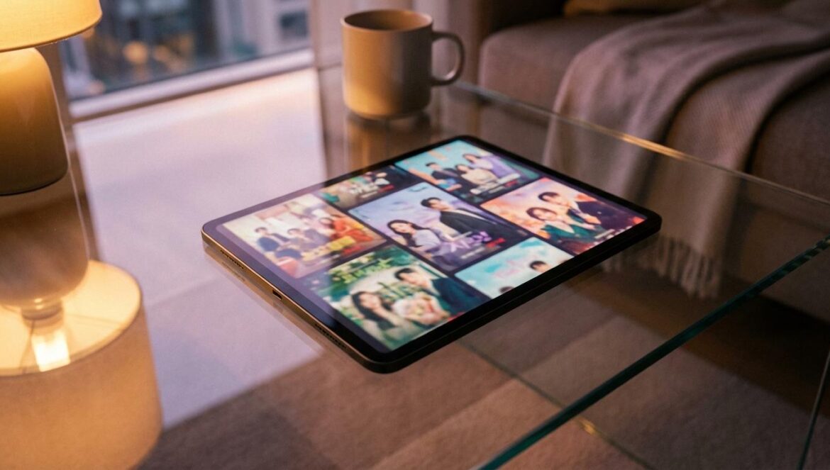 K-dramas en Viki: los 5 éxitos que dominaron febrero 2026 Tablet moderno mostrando una interfaz de streaming con posters de dramas coreanos sobre una mesa de cristal en un salón iluminado suavemente.
