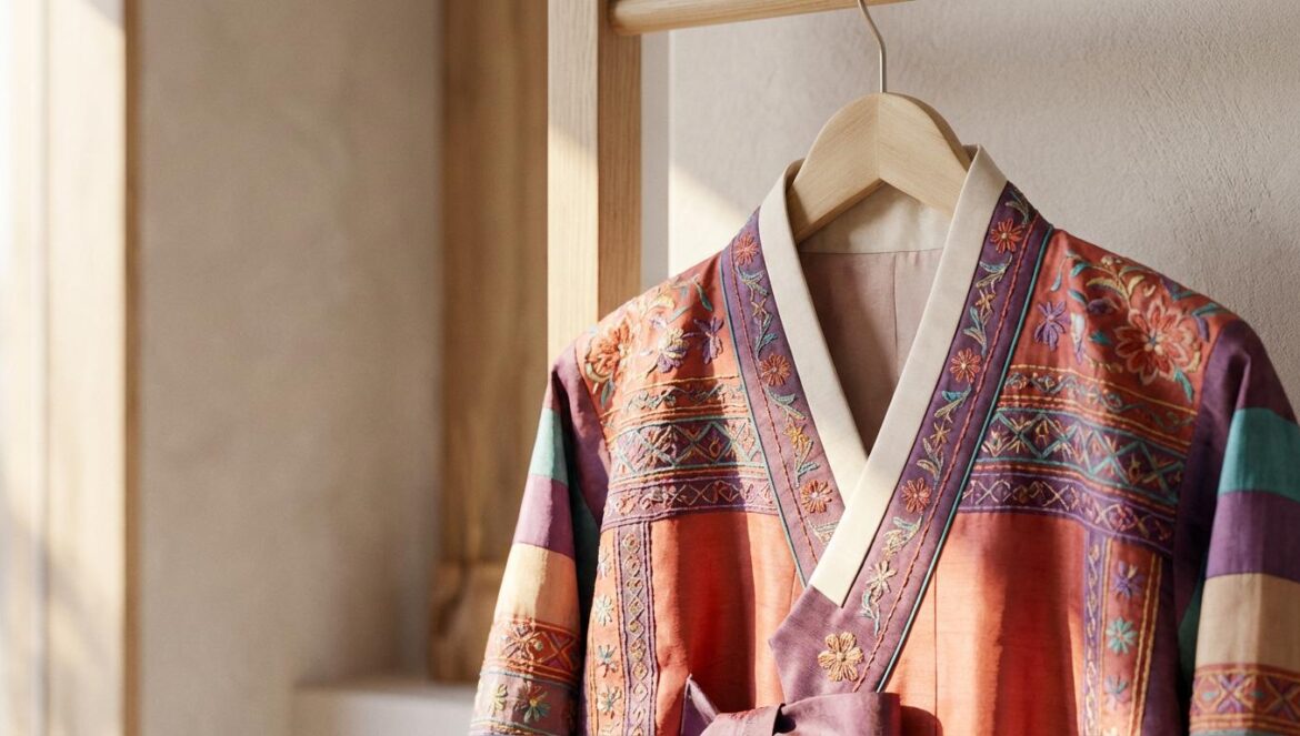 K-Fashion y el crowdfunding: exportar con riesgo mínimo Chaqueta de diseño coreano moderno con costuras detalladas colgada en una percha de madera bajo luz natural suave.