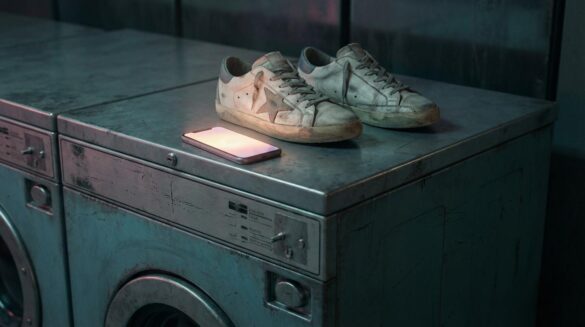 Primer plano de una lavadora antigua en una lavandería descuidada con un móvil y zapatillas viejas encima, representando la estética del rap underground.