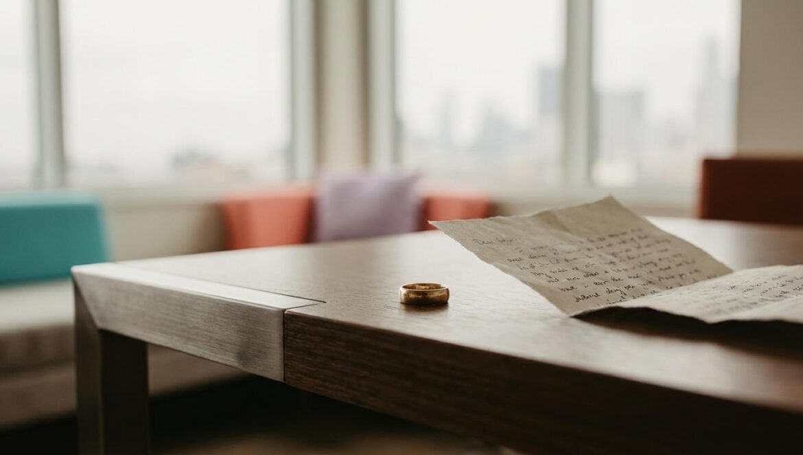 Lee Dong Wook y Love Affair: romance con veneno Un anillo de boda sobre un escritorio moderno junto a una carta rota, con luz cinematográfica y ciudad desenfocada al fondo.
