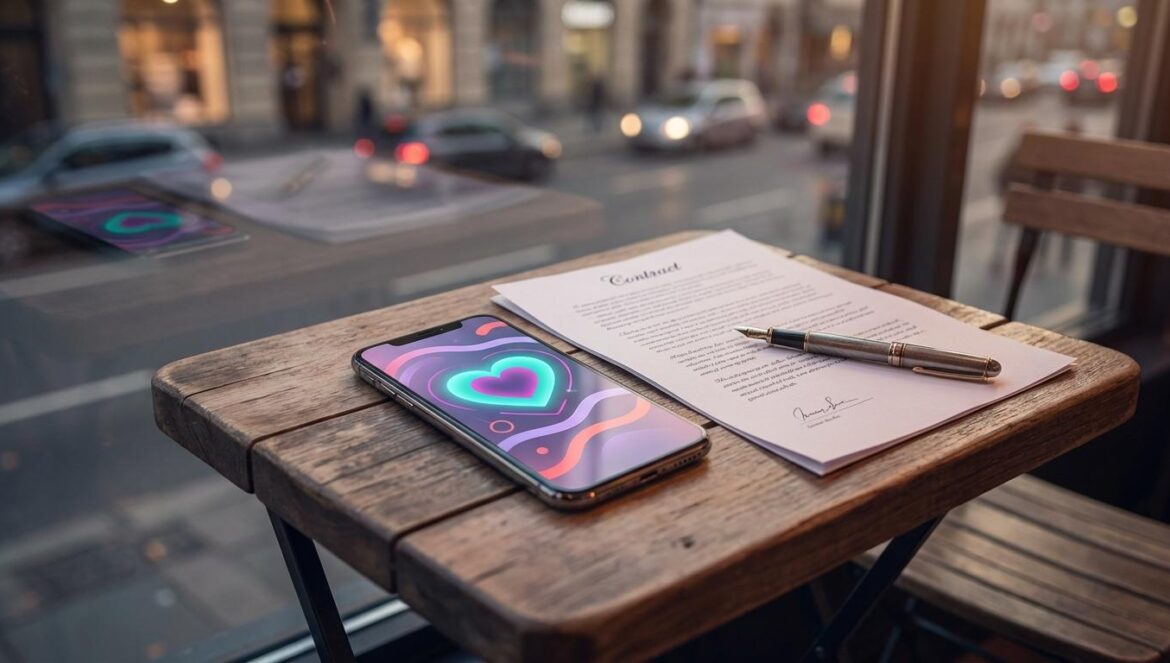 Love Phobia pone la IA a prueba en el romance Primer plano de un móvil con interfaz de citas tipo IA junto a un contrato en una mesa, luz de tarde y reflejos urbanos.