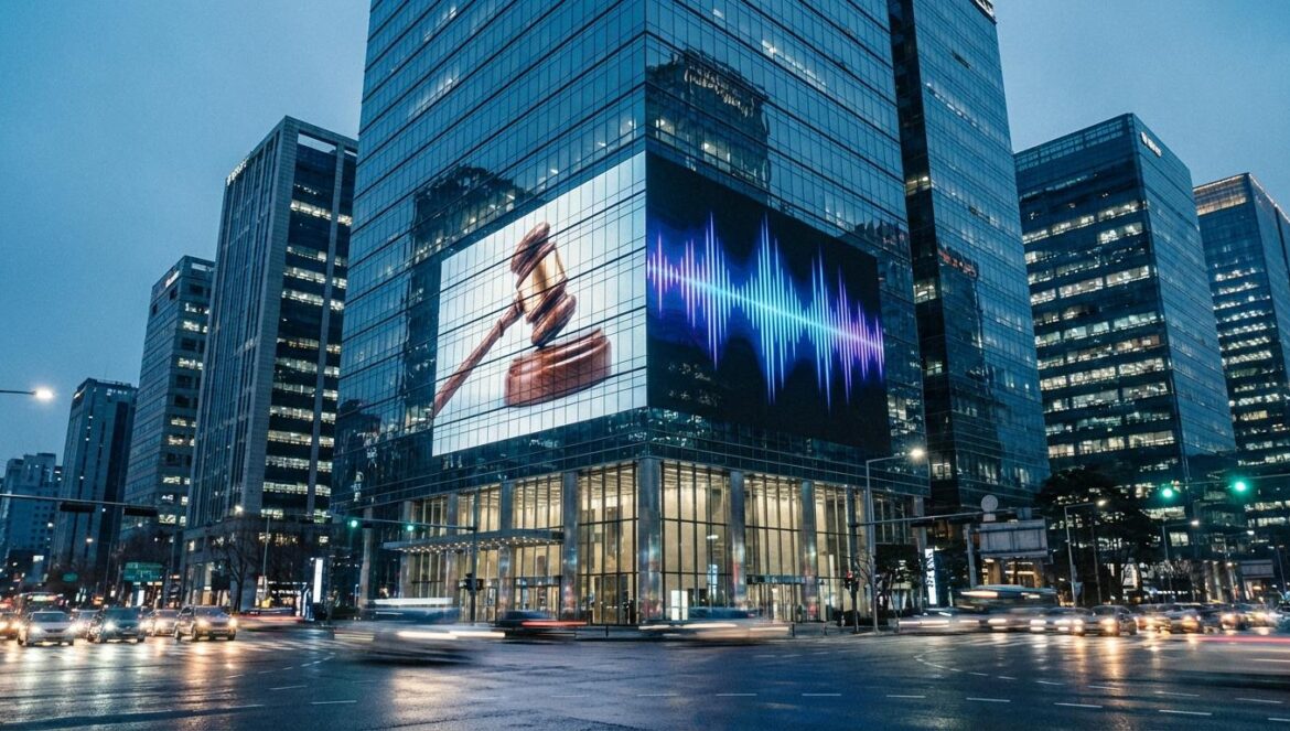 Min Hee-jin gana a HYBE y la industria coreana entra en pánico Un rascacielos de cristal en Seúl refleja una pantalla digital con un mazo de juez dividido, simbolizando el conflicto legal en la industria musical coreana.