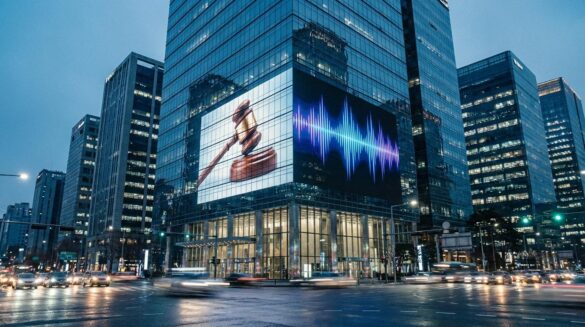Min Hee-jin gana a HYBE y la industria coreana entra en pánico Un rascacielos de cristal en Seúl refleja una pantalla digital con un mazo de juez dividido, simbolizando el conflicto legal en la industria musical coreana.