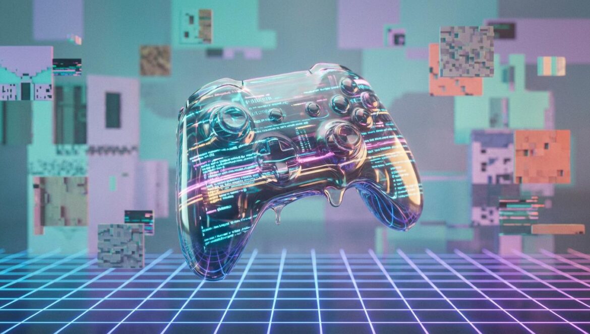 Mundos de videojuegos por IA: por qué Google Genie no convence Un mando de videojuegos futurista deshaciéndose en código digital sobre un fondo de texturas pixeladas y fallos visuales, estilo ciberpunk.
