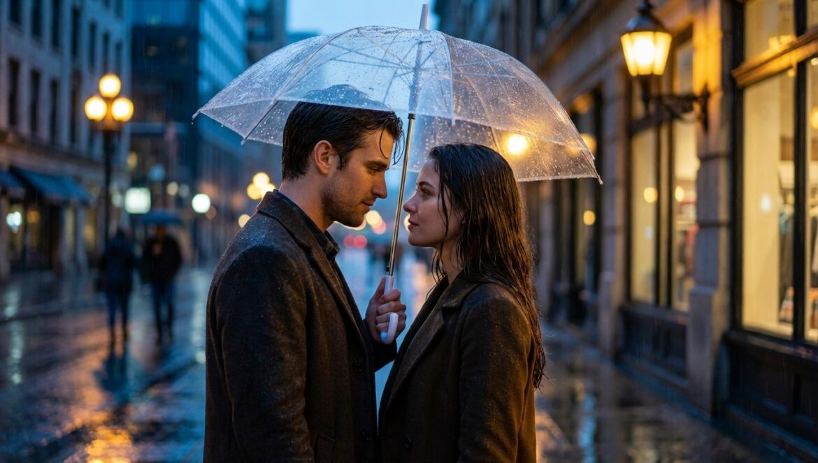 Our Universe: el giro de Bae In Hyuk que cambia el drama Una pareja joven bajo un paraguas en una noche lluviosa, mirándose fijamente con intensidad emocional bajo la luz cálida de las farolas.