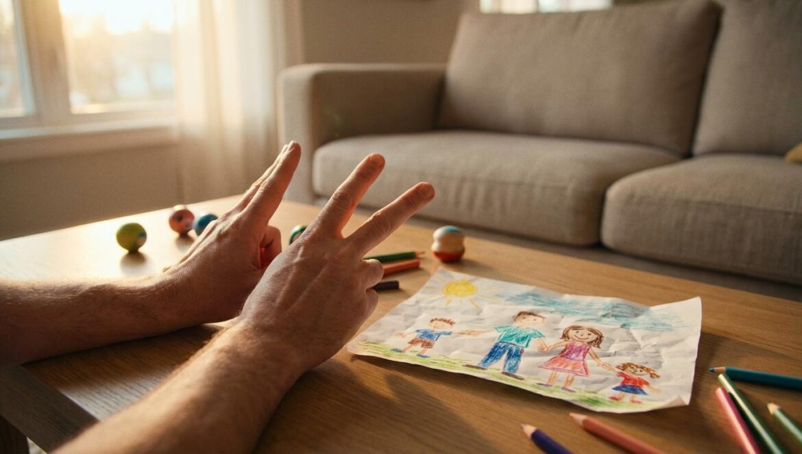 Our Universe: romance familiar que tvN está afinando Mesa de salón con un dibujo infantil, dos manos adultas haciendo el gesto de victoria y juguetes desenfocados con luz cálida.