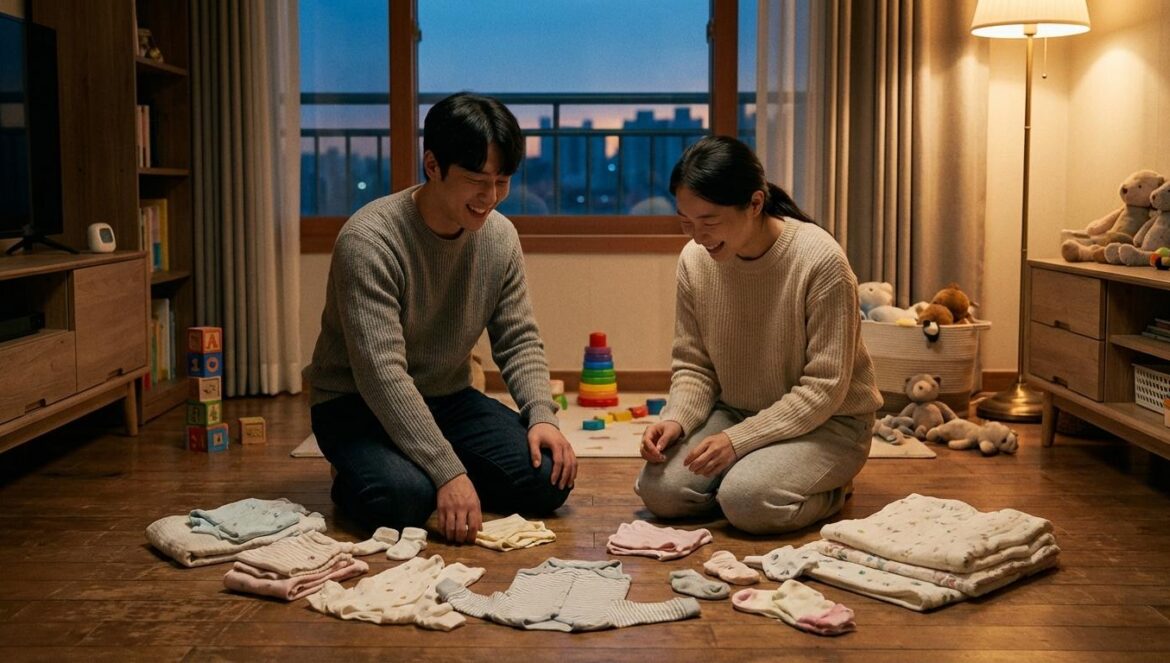 Our Universe sube en ratings: el éxito de la familia accidental Un hombre y una mujer jóvenes doblan ropa de bebé en un salón coreano acogedor con luz cálida, representando la crianza compartida en un entorno doméstico realista.