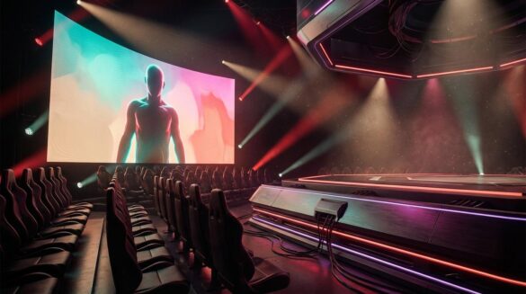 Escenario futurista con focos y una gran pantalla mostrando la silueta de un héroe, estética roja y negra, sin logos.