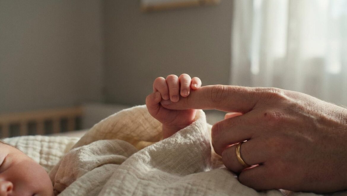 Park Hyun Ho y Eun Ga Eun: nace su primera hija Primer plano detallado de la mano de un recién nacido sosteniendo el dedo de un adulto, simbolizando el vínculo de paternidad bajo luz suave.