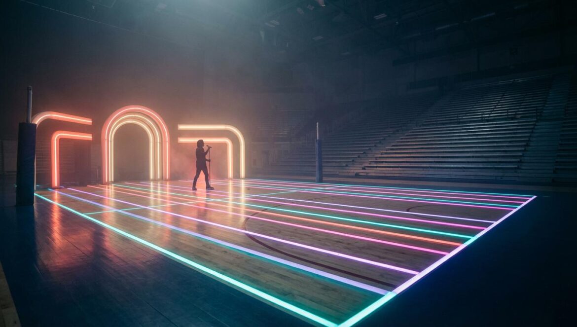 Seongmin prueba su comeback en una cancha de voleibol Cancha de voleibol convertida en escenario con luces neón retro y un cantante en silueta frente a las gradas.