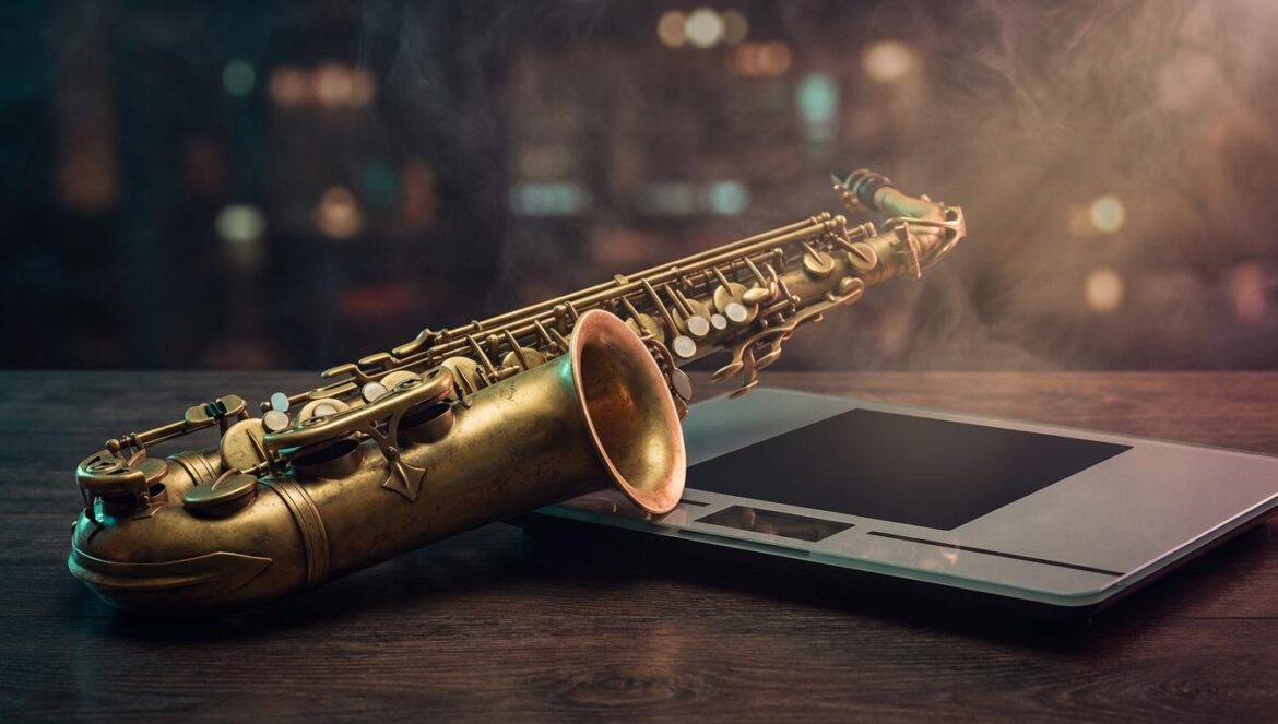 Sideshow y la mística de YARDBIRD: jazz, vicio y rimas Un saxofón vintage junto a una báscula digital sobre una mesa oscura, iluminado de forma cinematográfica con humo ambiente.