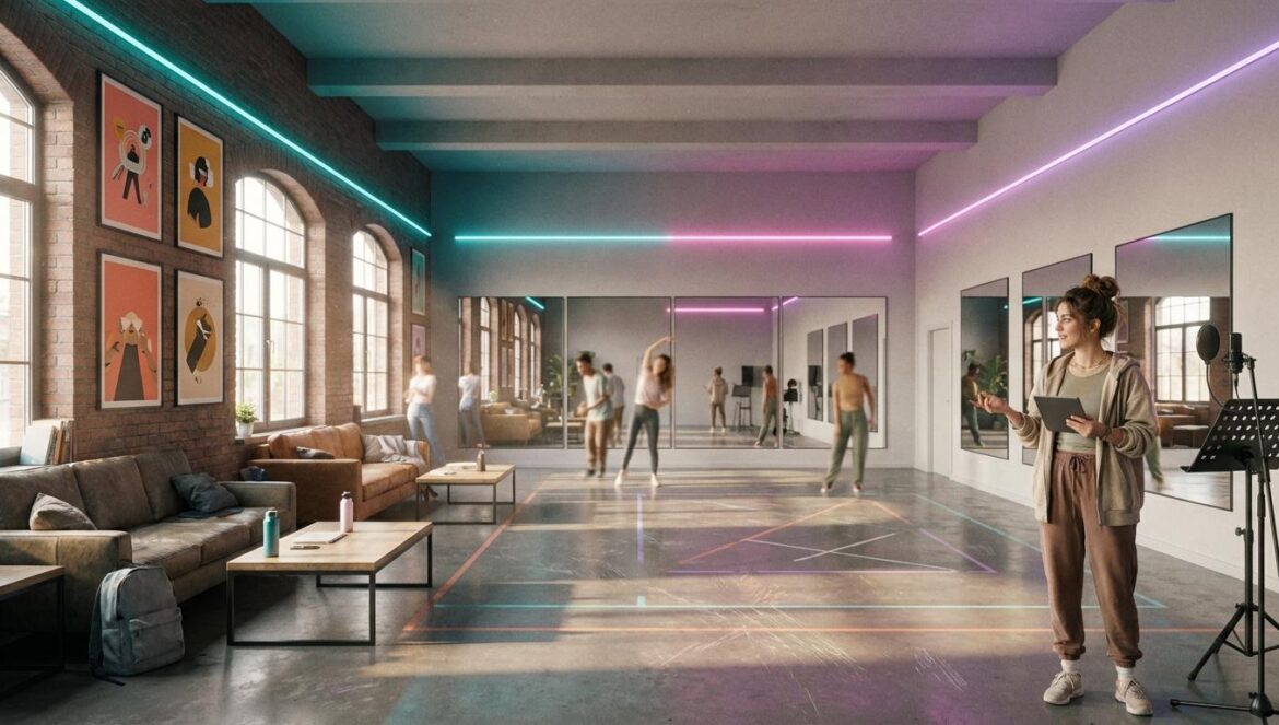 SM UNIVERSE Singapur: la academia que exporta método Interior de un estudio moderno de baile y canto con espejos, marcas en el suelo y luz suave, estilo centro juvenil.