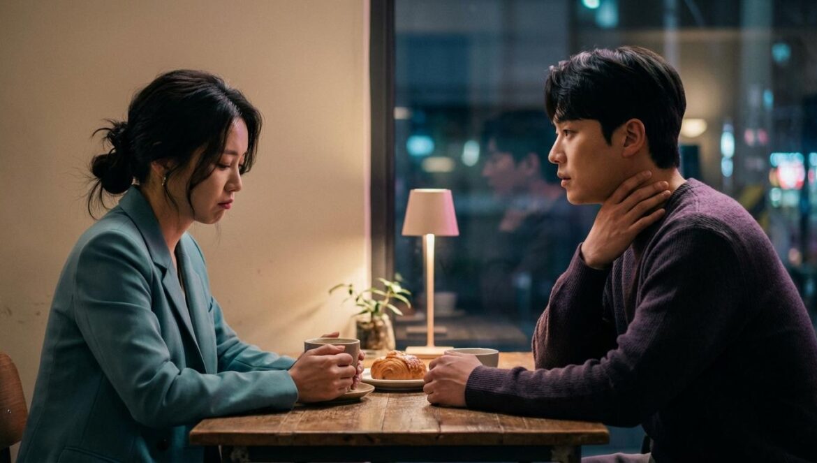 The Practical Guide to Love: Han Ji Min y su cita fallida Una mujer y un hombre coreanos sentados en una cafetería elegante durante una cita a ciegas con una atmósfera de tensión incómoda.