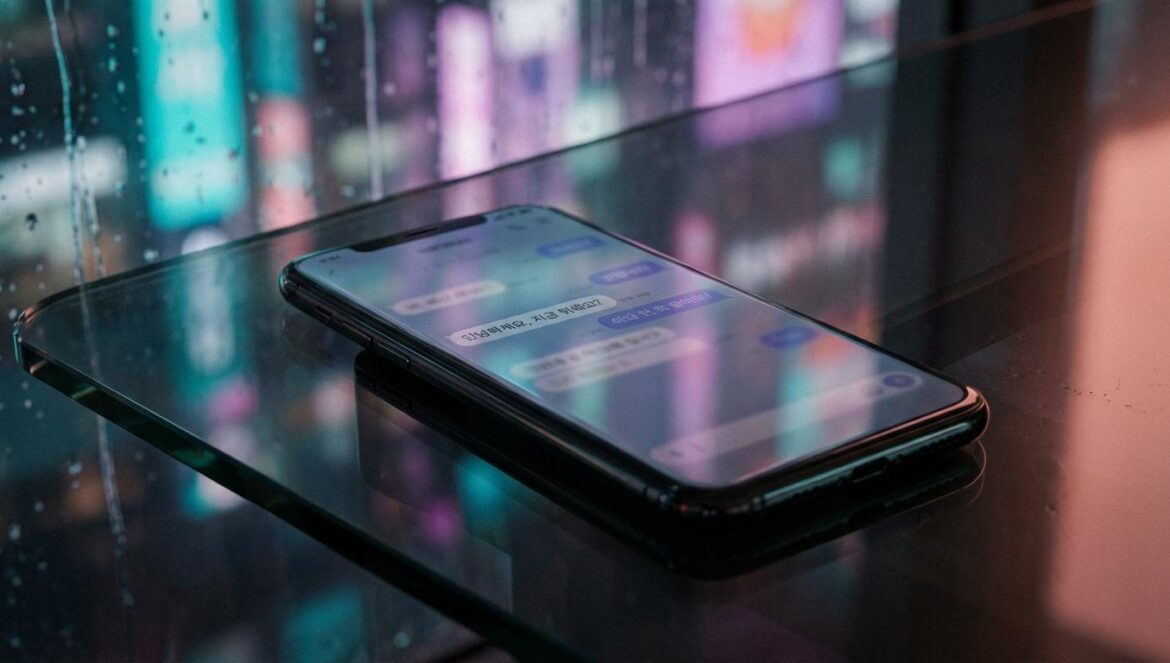 V de BTS responde al uso de sus chats como prueba judicial Primer plano de un teléfono inteligente que muestra una aplicación de mensajería con texto coreano bajo luces de neón nocturnas.