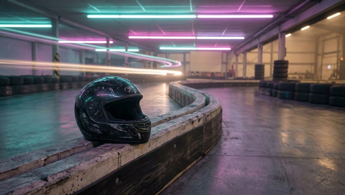 xaviersobased en The FADER: del lo-fi al club Casco de kart desgastado sobre una valla, con un circuito interior iluminado por neón al fondo.