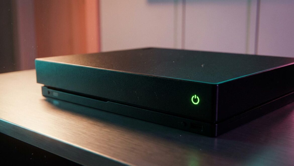 Xbox y su nueva era: Asha Sharma promete consolas y cero slop Primer plano de una consola de videojuegos negra minimalista con una luz verde brillante en un entorno tecnológico elegante.