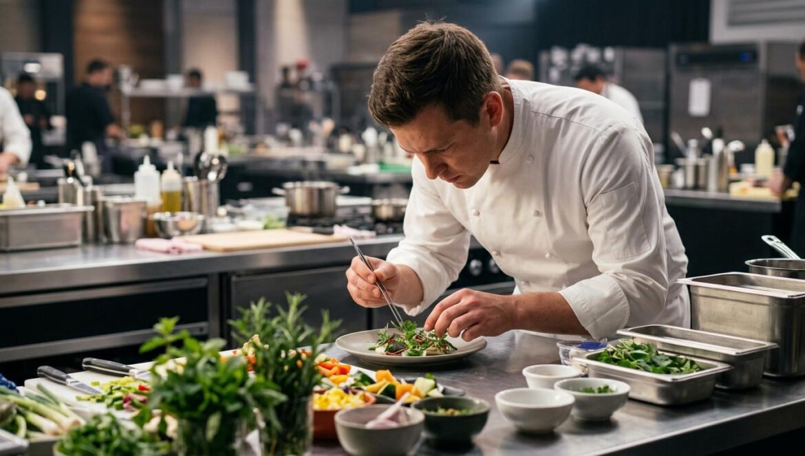 Ahn Hyo Seop lidera Final Table: el nuevo drama de JTBC Primer plano de una cocina profesional de alta gama con ingredientes frescos, representando el ambiente de competencia culinaria del drama Final Table.