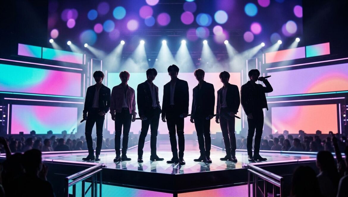 AHOF negocia extender su contrato: el giro de F&F Siluetas de un grupo de K-pop sobre un escenario iluminado con focos cinematográficos en tonos azules y púrpuras.
