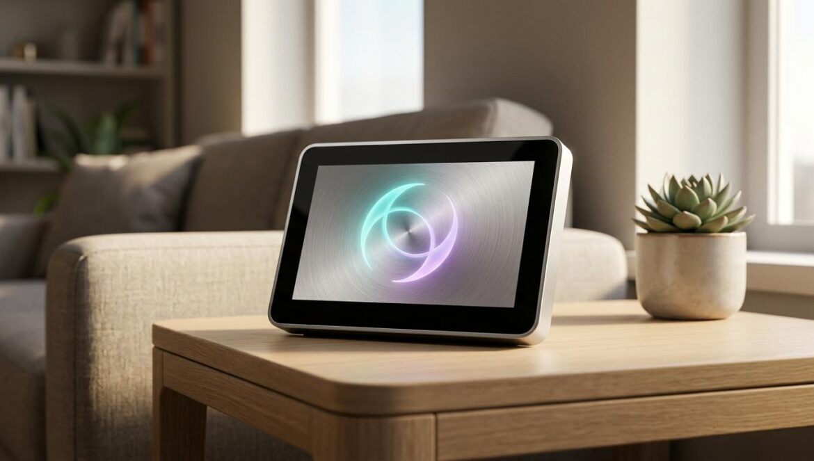 Apple retrasa su pantalla inteligente: Siri es el culpable Pantalla inteligente de aluminio con interfaz de asistente digital en una sala moderna minimalista.