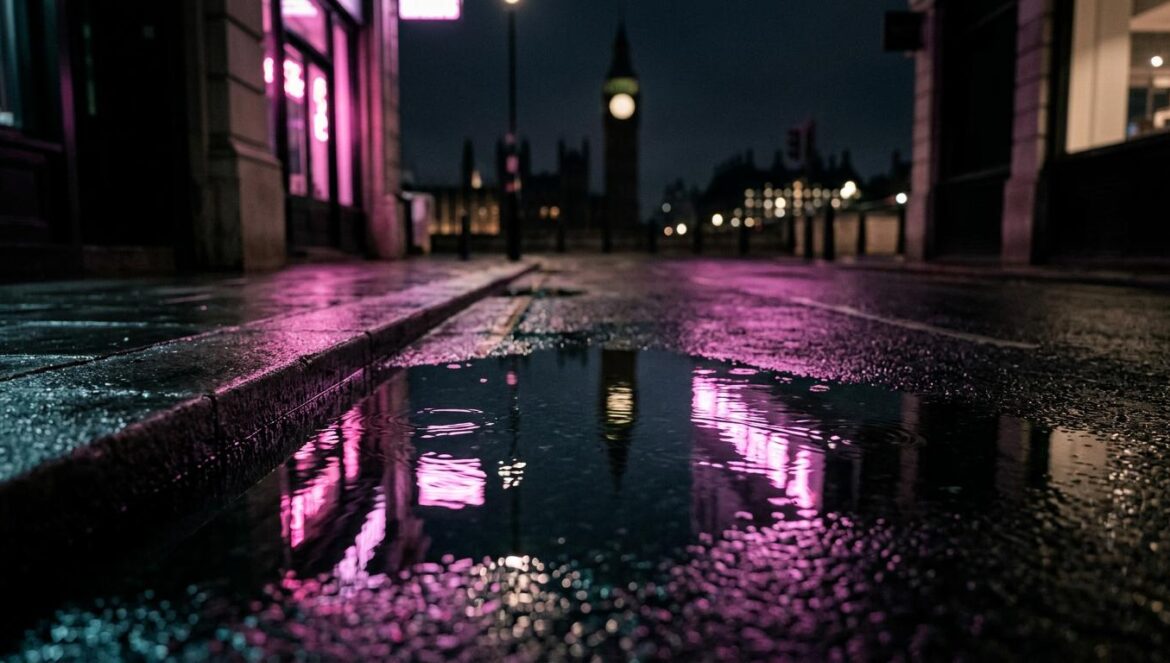 BLACKPINK conquista Reino Unido: «DEADLINE» debuta en el Top 20 Luces de neón rosa y negro sobre una calle de Londres de noche, simbolizando el éxito de BLACKPINK en las listas del Reino Unido.