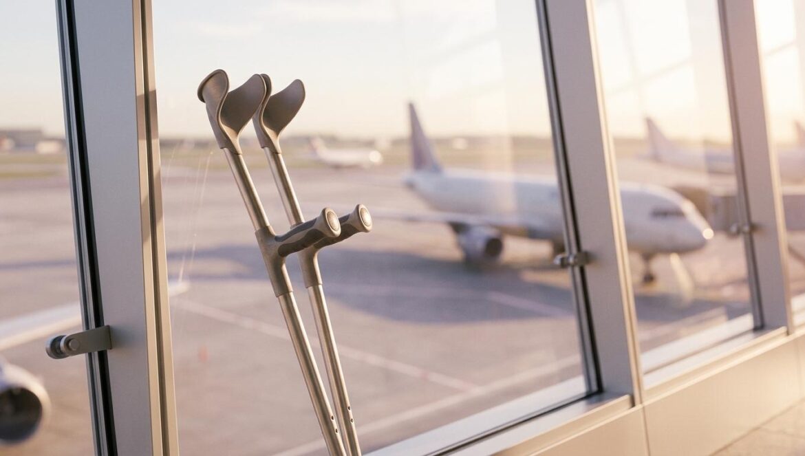 BTS en Gwanghwamun: RM vuela a Nueva York tras su lesión Muletas apoyadas contra el ventanal de una terminal de aeropuerto con aviones borrosos al fondo durante el amanecer.