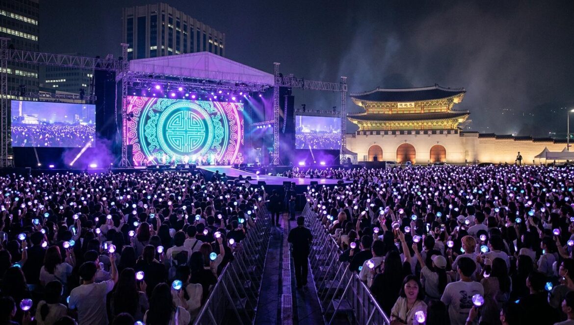 BTS estrena ARIRANG: Jimin y V piden seguridad en Seúl Escenario masivo en la plaza Gwanghwamun de Seúl iluminado en color púrpura durante un evento nocturno de K-pop con patrones tradicionales coreanos.
