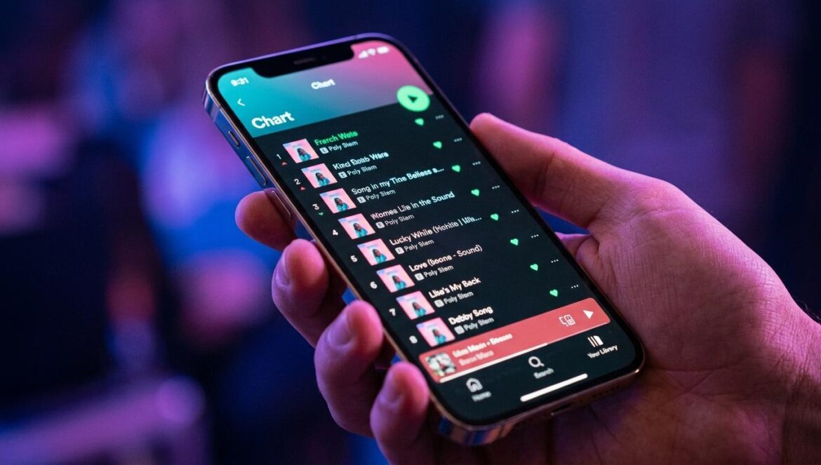 BTS y ARIRANG rompen Spotify con un récord histórico global Pantalla de teléfono mostrando una lista de éxitos musicales con varios temas de un mismo artista en las primeras posiciones bajo luces de neón.