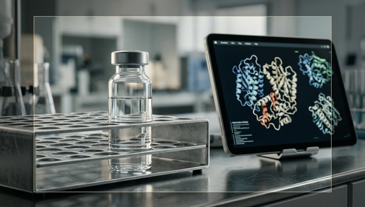 ChatGPT no curó el cáncer de Rosie: realidad vs hype Primer plano de un vial de laboratorio junto a una pantalla digital con estructuras proteicas complejas, representando la intersección entre biotecnología e inteligencia artificial.