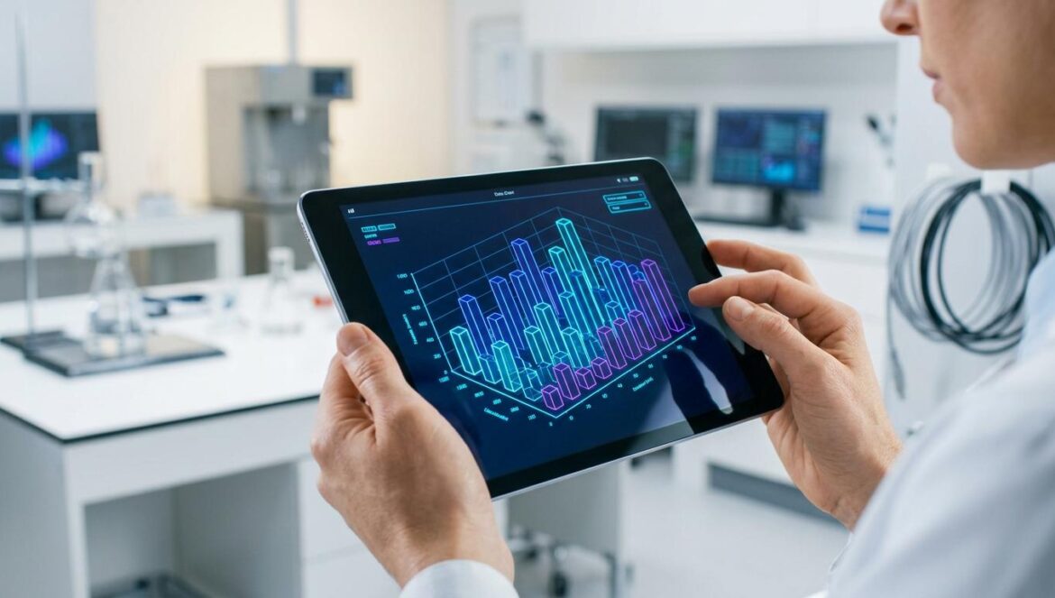 Claude AI ahora genera gráficos y diagramas interactivos Interfaz de tablet mostrando un gráfico de barras interactivo generado por inteligencia artificial en un entorno tecnológico minimalista.
