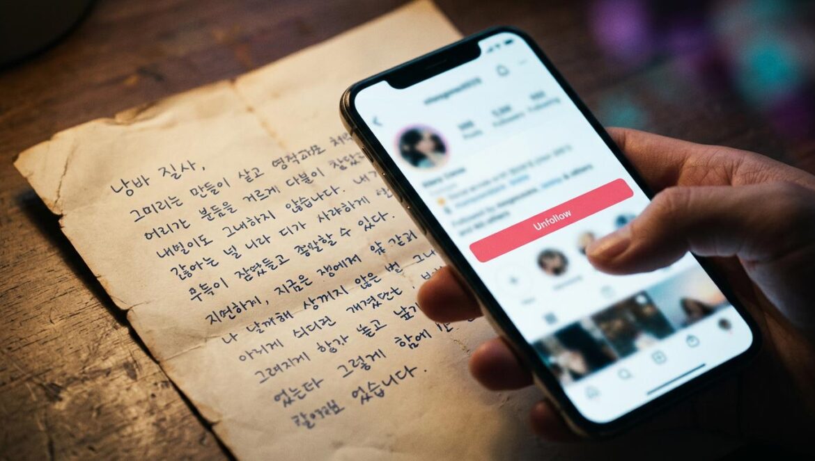 Crisis en 2NE1: Park Bom acusa a Dara y el grupo se fractura Una carta manuscrita junto a un smartphone que muestra el perfil de una red social, simbolizando el conflicto digital entre las integrantes de 2NE1.