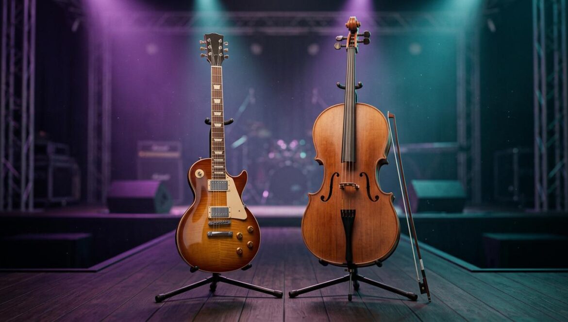 Dragon Pony estrena RUN RUN RUN: el salto del self-producing Primer plano de una guitarra eléctrica y un violonchelo bajo luces de concierto en un escenario profesional, simbolizando la fusión instrumental de Dragon Pony.