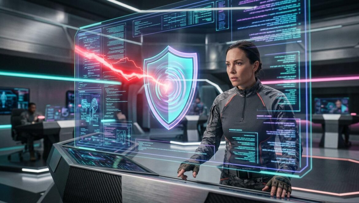 El Pentágono tilda a Anthropic de riesgo: el choque por la IA Un centro de mando militar futurista con pantallas holográficas que muestran patrones de código y un escudo digital siendo impactado por un rayo rojo.