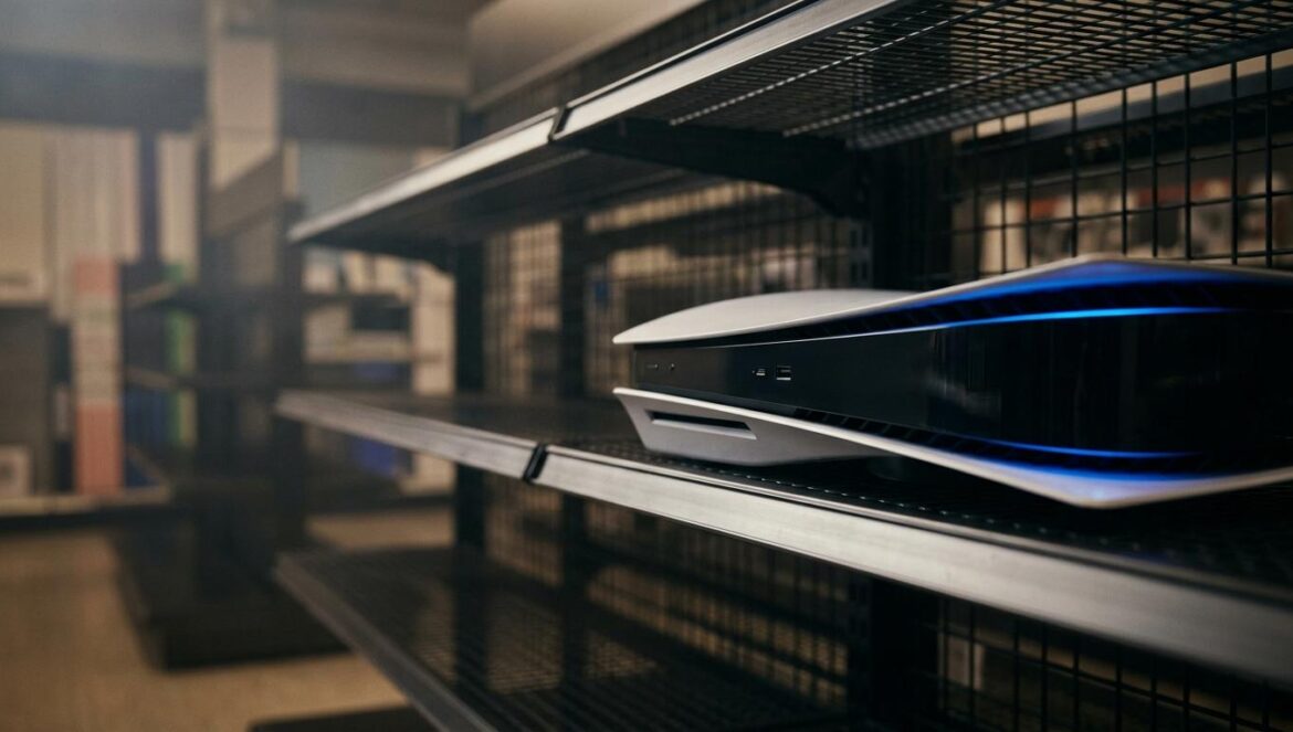 El stock de PS5 Pro se agota ante la subida de precios Consola PlayStation 5 Pro con iluminación LED azul sobre un estante de tienda vacío, destacando su diseño moderno y la escasez de stock.