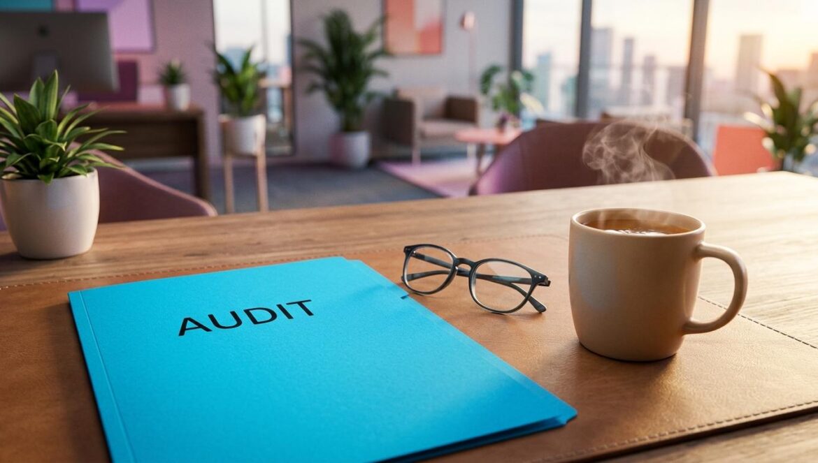 Filing for Love: el caos de Shin Hae Sun llega a tvN Escritorio de oficina moderno con una carpeta de auditoría azul y gafas, representando el ambiente del drama coreano Filing for Love.