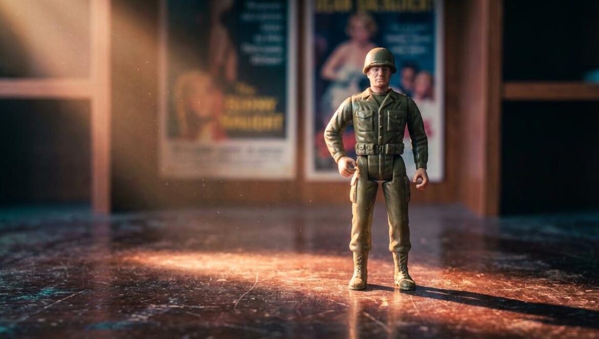 G.I. Joe regresa con Max Landis y el dilema de Paramount Primer plano de una figura de acción militar clásica sobre un escritorio oscuro con iluminación dramática y carteles de cine desenfocados al fondo.