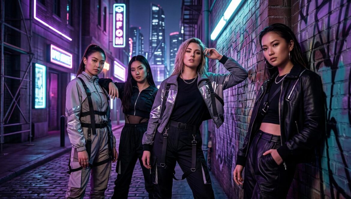 GIRLSET y su renacimiento: ¿el relevo de BLACKPINK en EE.UU.? Cuatro integrantes de un grupo de pop con estética urbana y luces de neón en tonos púrpura y azul.