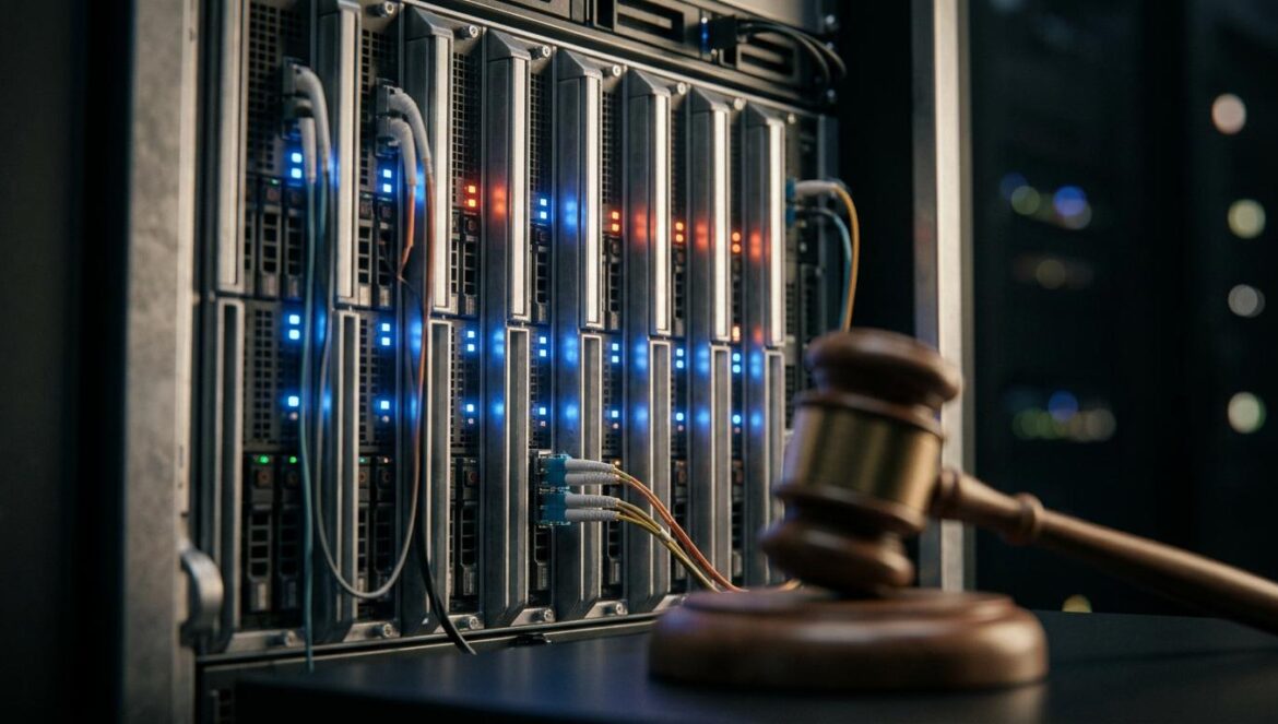 Grok enfrenta demanda por imágenes generadas de menores Primer plano de servidores de datos con luces de estado rojas y azules y un mazo de juez desenfocado en primer término