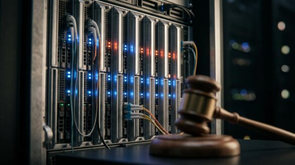 Grok enfrenta demanda por imágenes generadas de menores Primer plano de servidores de datos con luces de estado rojas y azules y un mazo de juez desenfocado en primer término