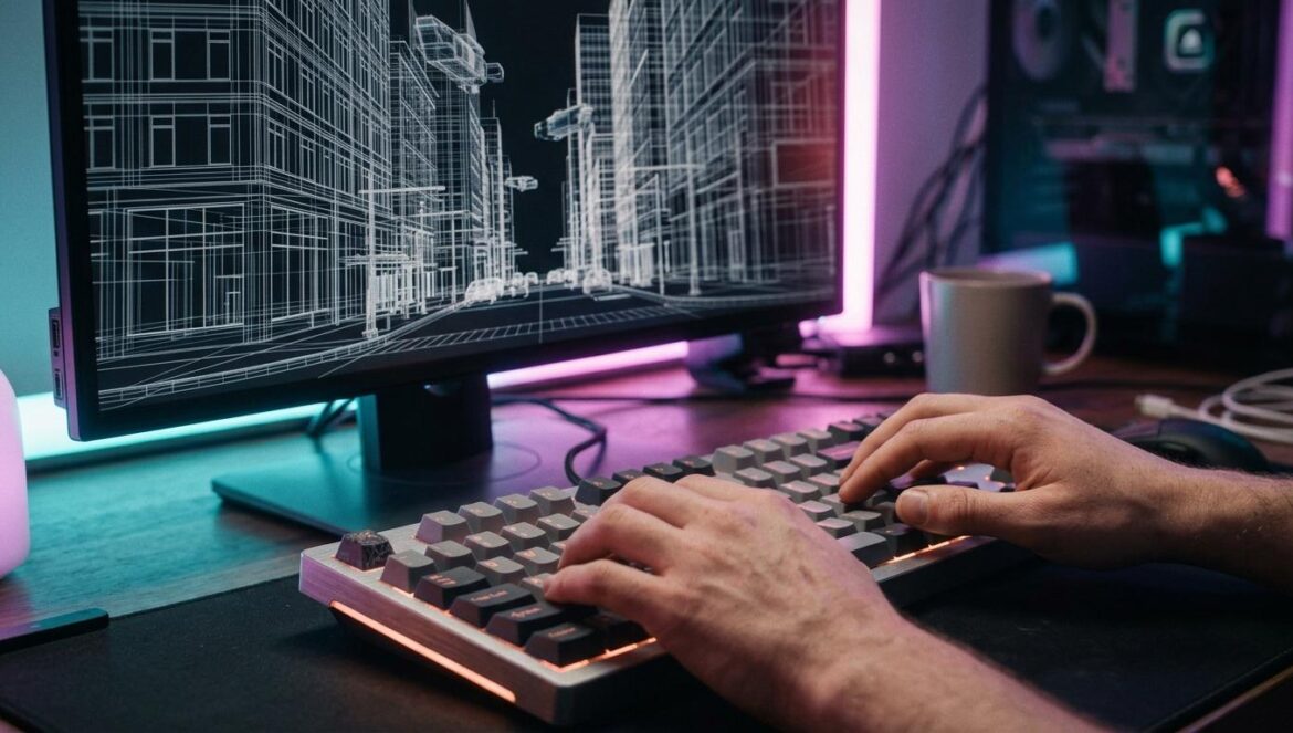 GTA 6 y la IA: Strauss Zelnick explica por qué no es una amenaza Primer plano de un teclado mecánico y monitor mostrando el diseño técnico de una ciudad digital en un entorno de desarrollo de videojuegos.