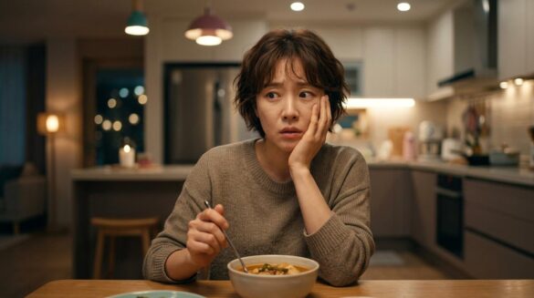 Han Ji Min interpretando a Lee Ui Yeong con expresión nerviosa durante una cena familiar en el drama The Practical Guide to Love.