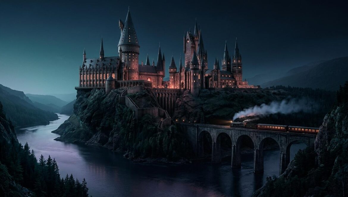 Harry Potter en HBO: el tráiler que reinicia Hogwarts Castillo gótico iluminado sobre un acantilado frente a un lago nocturno con un tren de vapor cruzando un puente al fondo