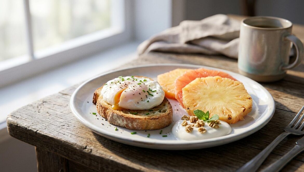 Huevos y proteínas: el truco de la piña para absorberlas Plato de desayuno saludable con huevo escalfado y rodajas de piña fresca bajo luz natural.
