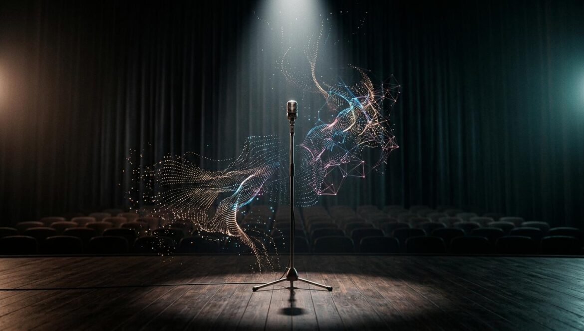 IA emocional: por qué los laboratorios contratan actores Un escenario de teatro vacío con un micrófono bajo un foco, rodeado de flujos de datos digitales y redes neuronales brillantes en un ambiente cinematográfico.