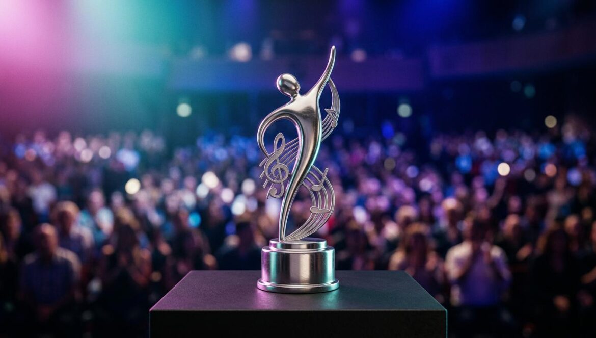 iHeartRadio Music Awards 2026: Rosé y Stray Kids triunfan Un trofeo de plata brillante sobre un podio negro en un escenario con luces de neón azules y púrpuras en un teatro