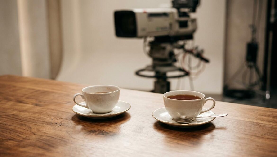 IU y Byeon Woo Seok en Salon Drip: el hype de Perfect Crown Primer plano de un set de entrevista minimalista con tazas de té sobre una mesa de madera y luces cálidas de estudio.