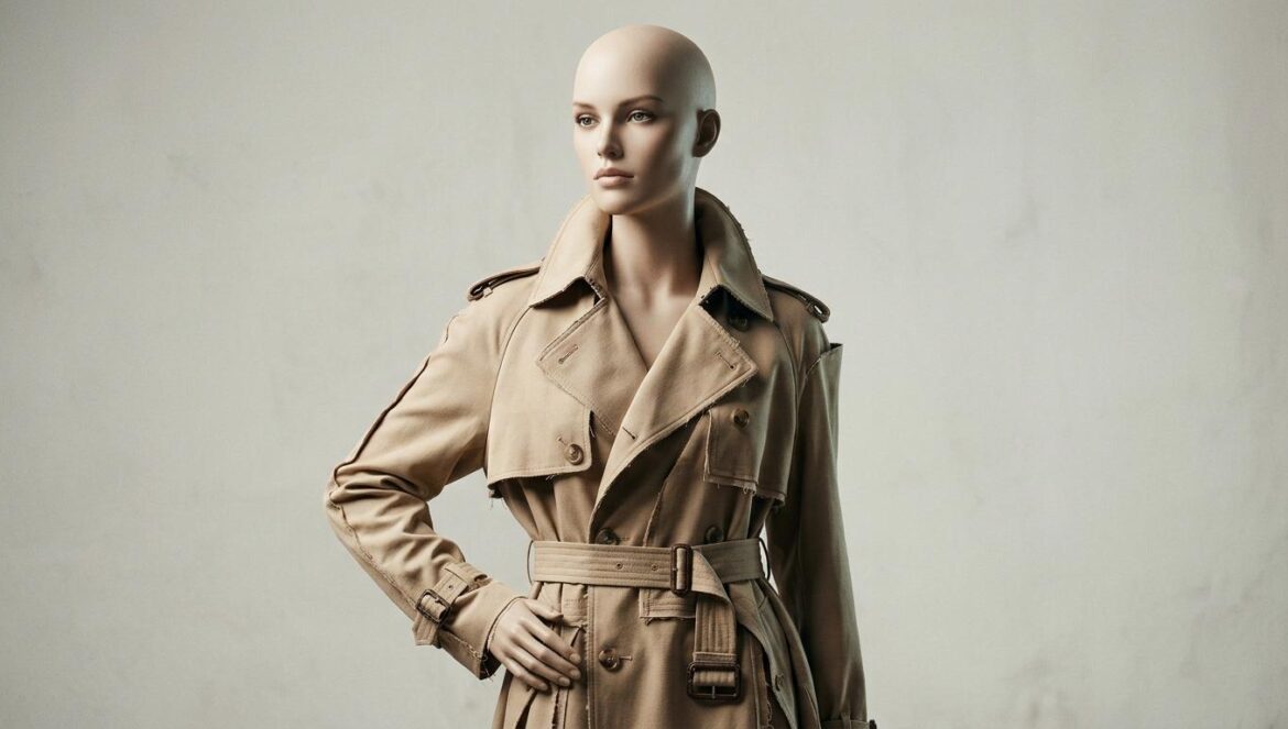 John Galliano en Zara: ¿revolución creativa o estrategia? Primer plano de un maniquí con una gabardina deconstruida de alta costura, destacando detalles de sastrería bajo una iluminación dramática en un estudio minimalista.