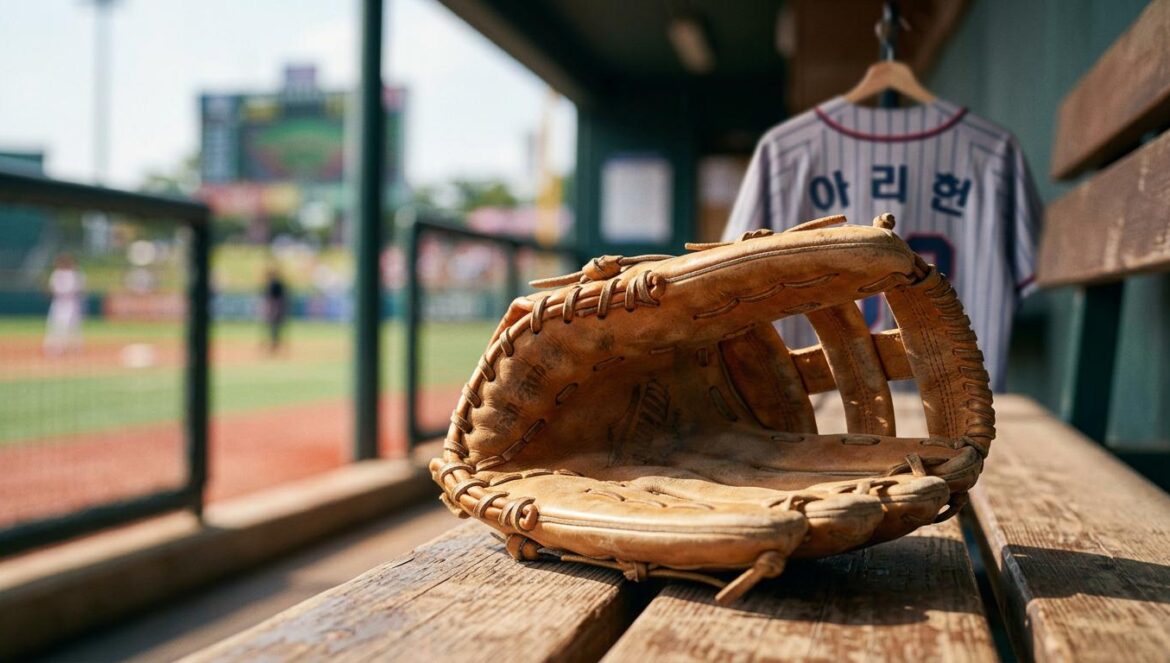 Johnny de NCT en la KBO: ¿el nuevo amuleto de los LG Twins? Guante de béisbol profesional y camiseta deportiva en un estadio coreano bajo la luz del día