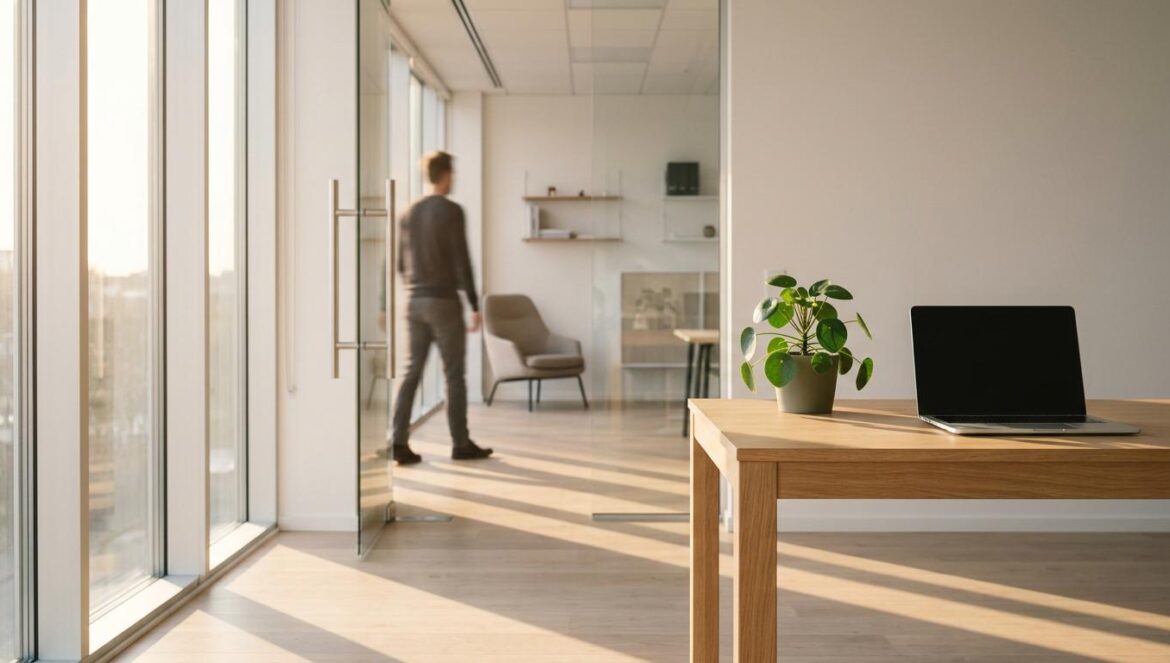 Jornada laboral en Noruega: ¿por qué salir a las 15h no basta? Oficina minimalista en Noruega bañada por la luz de la tarde, mostrando un escritorio despejado mientras un empleado se retira puntualmente a las 15:00 horas.