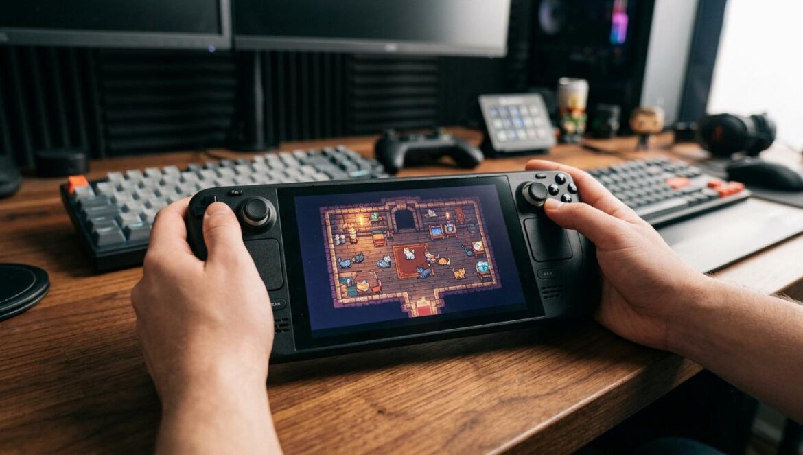 Una consola portátil mostrando un juego de mazmorras con estética de píxeles, rodeada de periféricos de gaming en un escritorio con iluminación tenue.